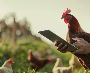 Farmer holding a tablet and a chicken in the farm